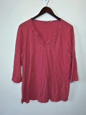 L.L. Bean Pink Braided V-neck 3/4 Sleeve Top Coastal Grandmother Classic Size XL